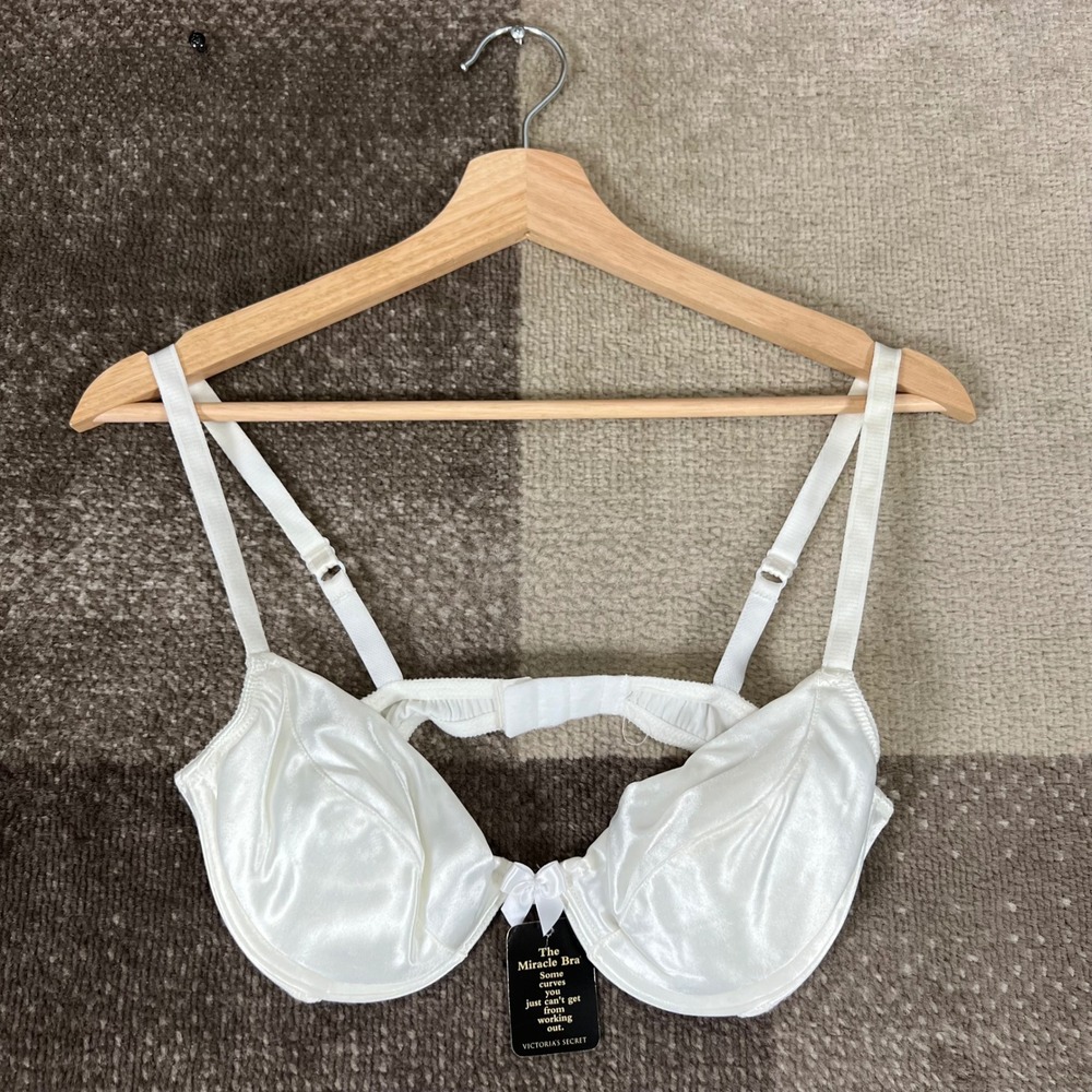 Vintage Victoria's Secret The Miracle‎ Bra 36B White Satin 90s Gold Label NWT
